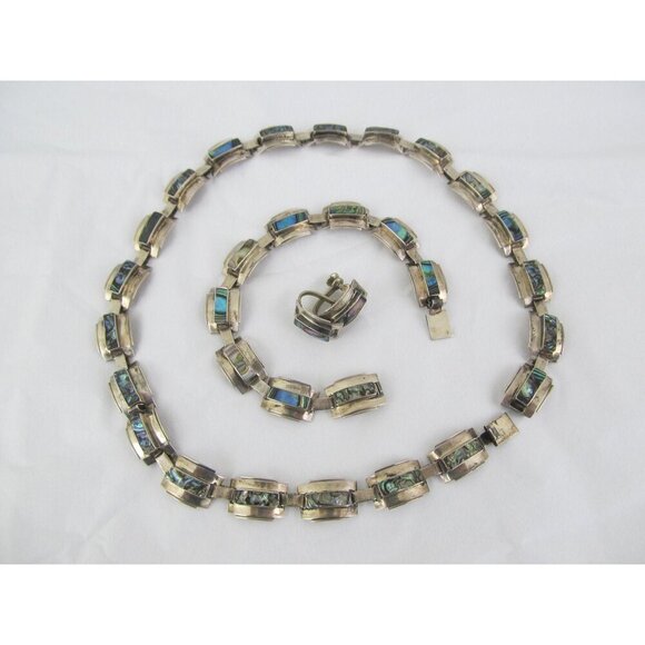 Vintage Mexico Taxco Abalone Sterling Silver 3 piece jewelry suite, necklace - Picture 3 of 8